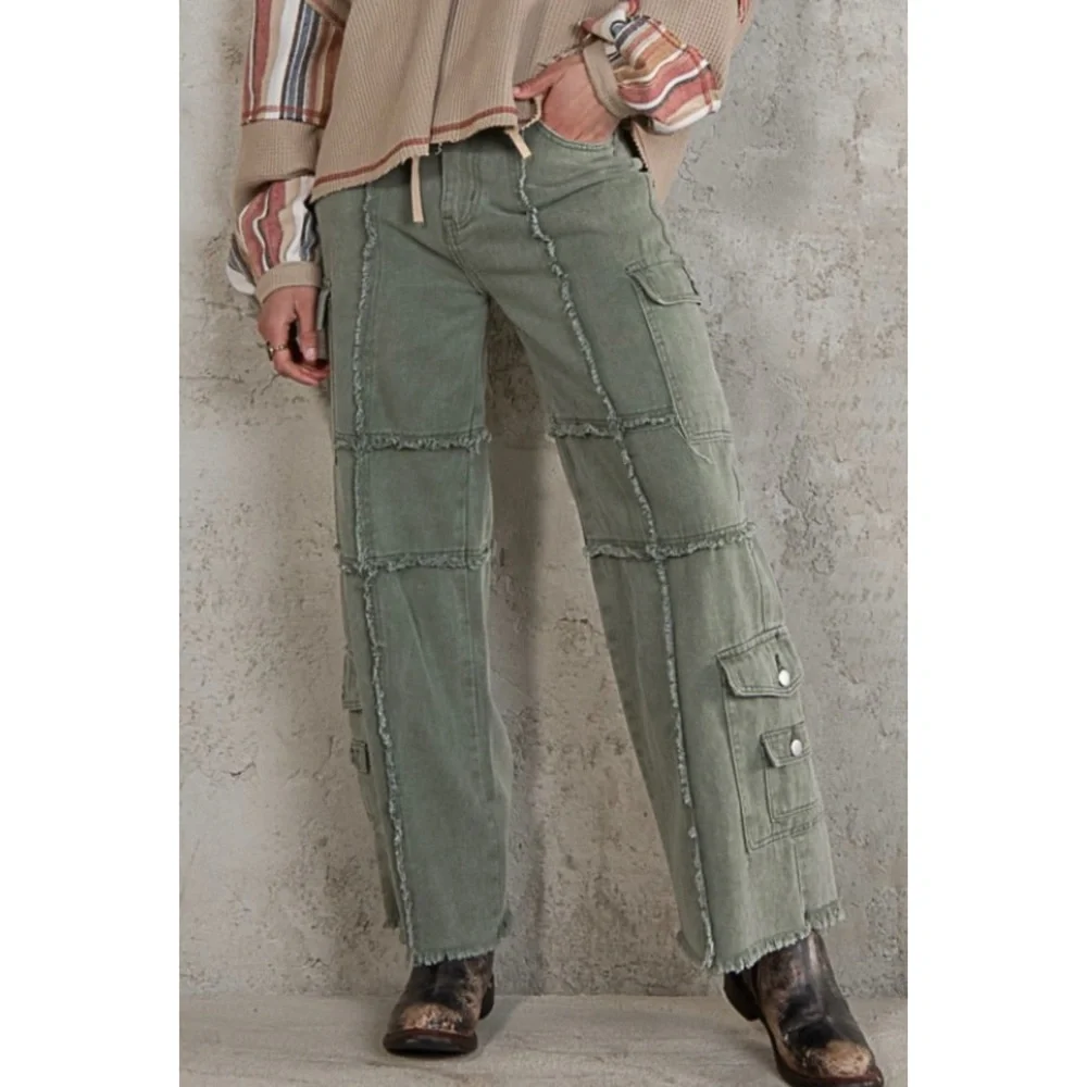 POL Army Green Frayed Edge Utility Jeans Relaxed Fit - Picture 14 of 14